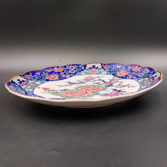 Vintage Blue Bird Rose Floral Scalloped Charger Plate Hirano Made in Japan 12.5" - Picture 8 of 11